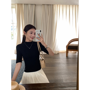 显瘦半袖 pusumede T恤女修身 气质半高领中袖 针织上衣 简约百搭