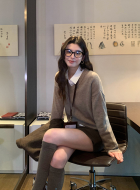 pusumede 南韩氛围 1OO羊毛宽松V领毛衣女秋冬慵懒风针织衫上衣