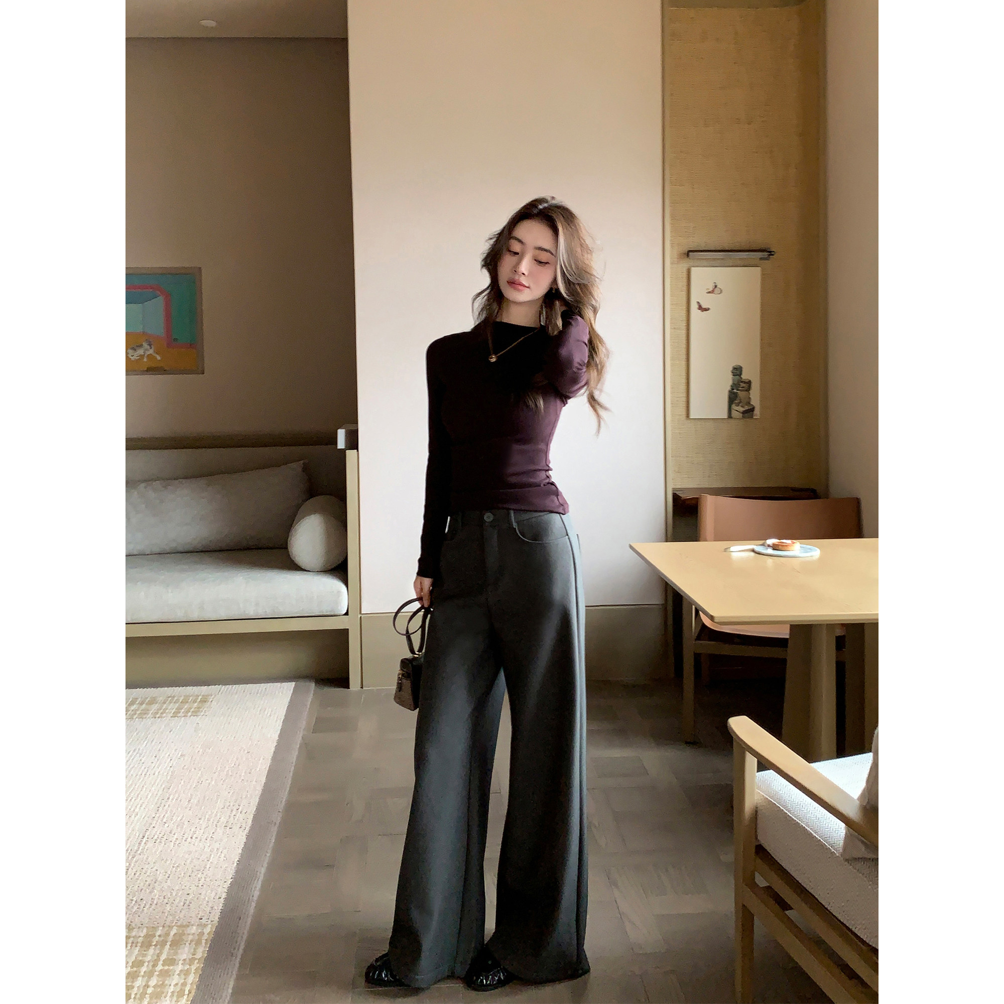 pusumede 都市巡游 宽松加绒阔腿西裤女垂坠感休闲保暖直筒西装裤