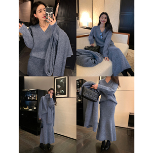 pusumede【现货4.5折】灰色V领毛衣女宽松慵懒风软糯套头针织上衣