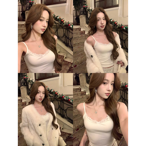 pusumede 月光照影 甜欲奶油蕾丝无袖吊带背心女修身外穿打底上衣