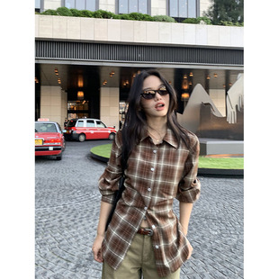 女设计感两穿长袖 复古格子衬衫 收腰气质衬衣 怀旧记忆 pusumede