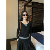 女气质修身 pusumede 针织衫 假两件长袖 撞色v领打底上衣 现货7折