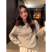 pusumede 针织衫 巴赫乐章 polo领条纹抓绒卫衣女宽松慵懒风长袖