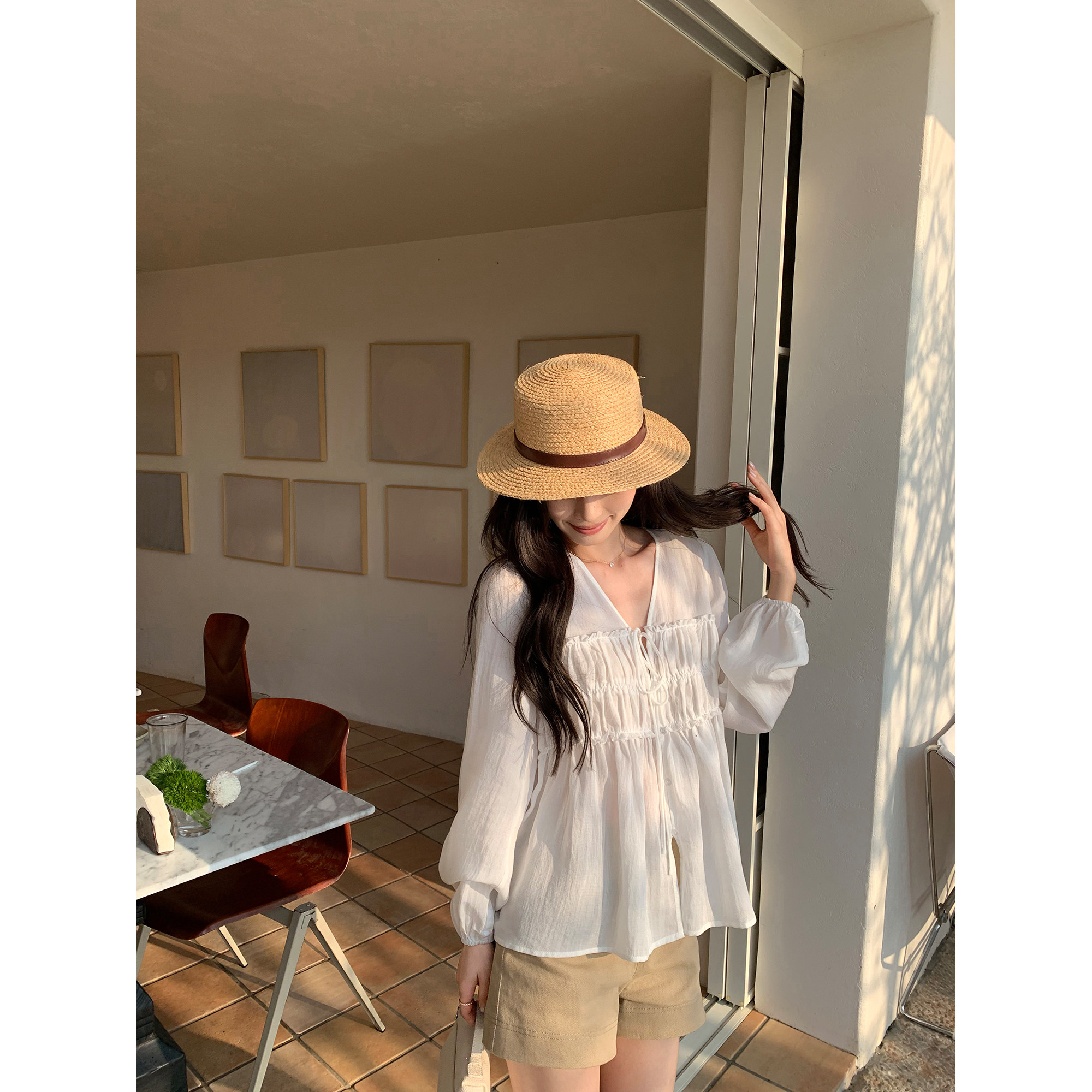 pusumede 夏日琉光感 莱赛尔V领衬衫女褶皱设计感防晒系带衬衣