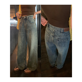 现货7折 显瘦阔腿裤 复古高腰直筒牛仔裤 百搭长裤 新款 pusumede