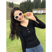 打底针织衫 V领长袖 女喇叭袖 修身 上衣 pusumede 短款 现货5.5折