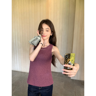 镂空亚麻针织吊带背心女无袖 复古氛围 上衣 现货6折 pusumede