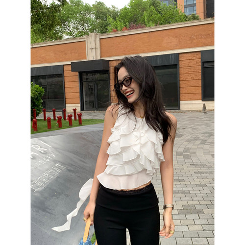pusumede 氛围感满满 不规则荷叶边小衫吊带背心女设计感无袖上衣