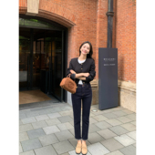 深蓝色高腰牛仔裤 小脚裤 女韩版 显瘦九分裤 弹力修身 pusumede