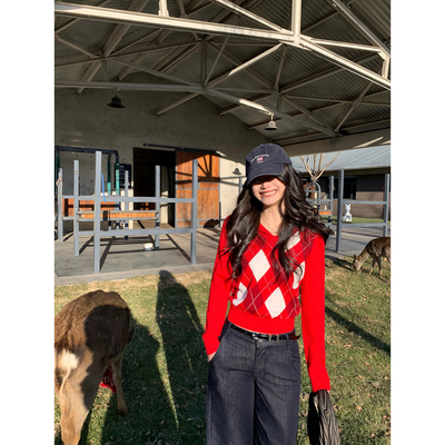 pusumede 节日氛围 正红色v领菱格套头毛衣女修身显瘦针织打底衫