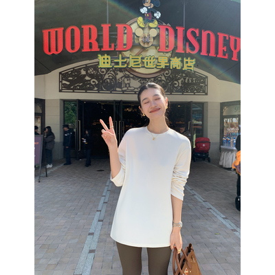 pusumede圆领磨毛针织长袖t恤女秋冬新款宽松大版百搭内搭上衣