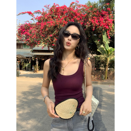 pusumede 随性简约 复古U领吊带背心女夏季外穿修身短款针织上衣