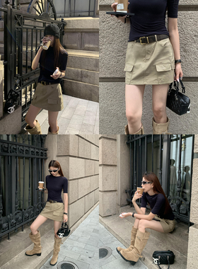 pusumede工装soul 美式复古半身裙女高腰防走光短裙辣妹a字包臀裙