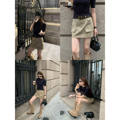pusumede工装soul 美式复古半身裙女高腰防走光短裙辣妹a字包臀裙