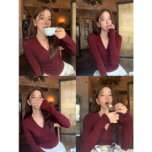 pusumede 双重幻想 仿羊绒v领针织打底衫女内搭修身短款t恤上衣