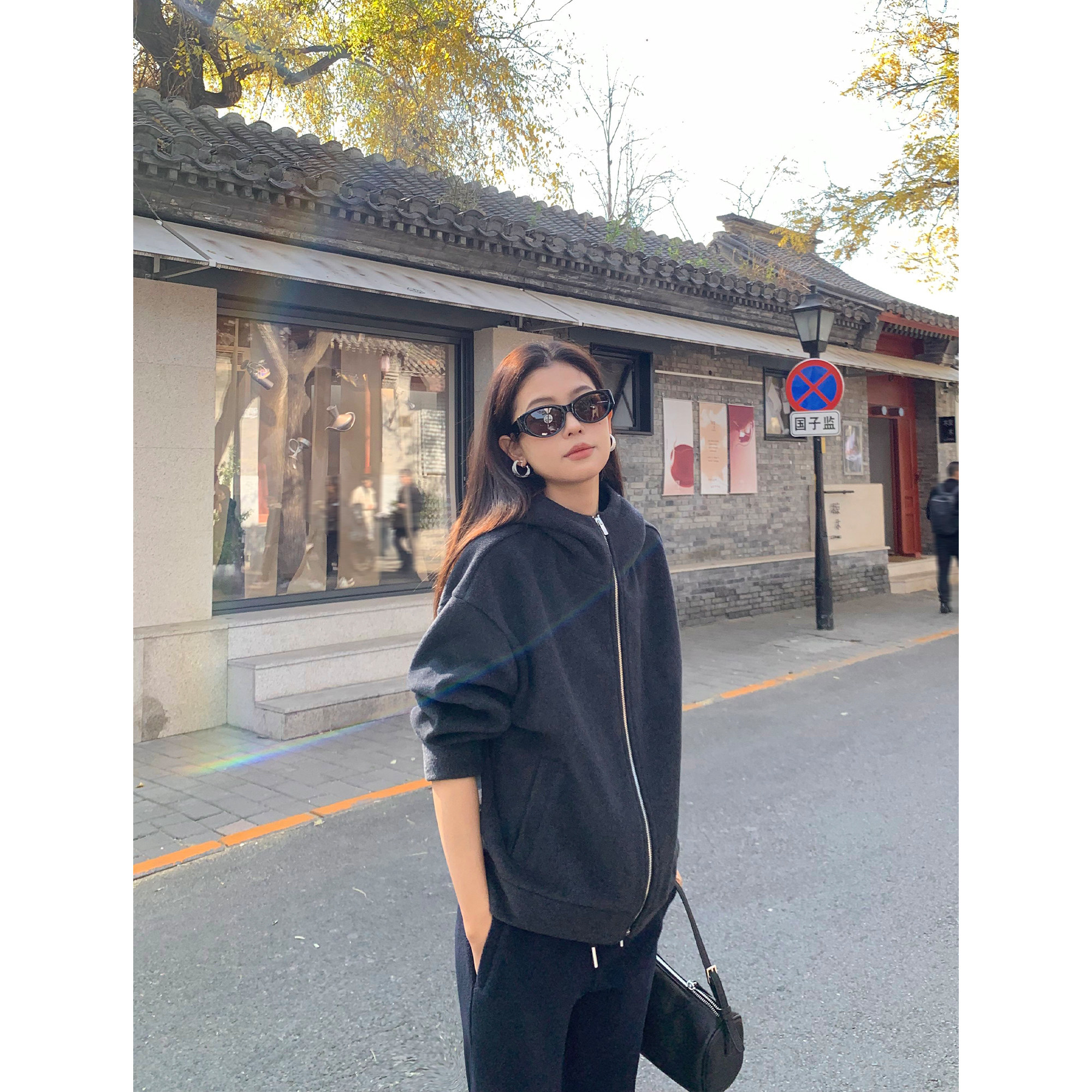 pusumede 慵懒氛围 连帽卫衣外套女气质宽松慵懒风拉链毛呢开衫