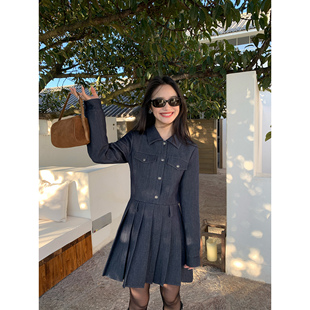 pusumede【现货5折】设计感百褶连衣裙女衬衫裙长袖收腰磨毛短裙