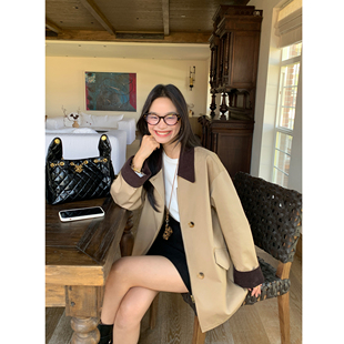 风衣外套女宽松气质大衣 复古撞色翻领中长款 pusumede 墨尔本风至