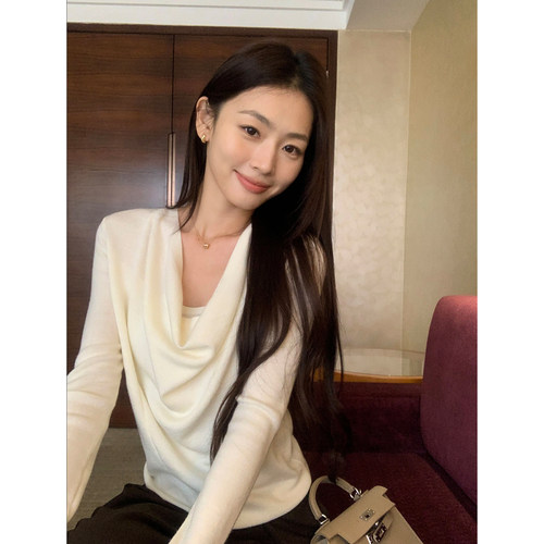 pusumede 独占心扉 气质荡领羊毛针织衫女毛衣高级感修身显瘦上衣