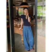 经典 显瘦休闲长裤 款 女宽松直筒拖地裤 1OO棉阔腿牛仔裤 pusumede