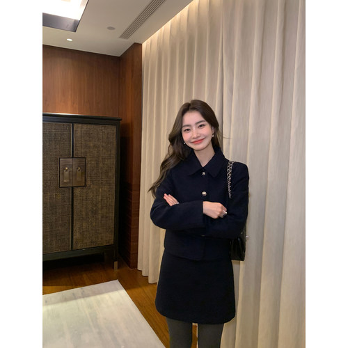 pusumede miu系千金 气质优雅短款毛呢外套女高腰a字半身短裙套装