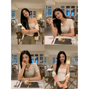 pusumede【现货7折】两件套镂空圆领短袖针织开衫女薄款吊带上衣