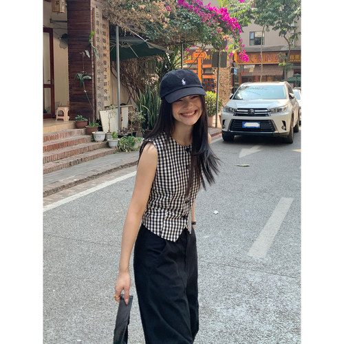 黑白格子马甲女圆领收腰马夹上衣