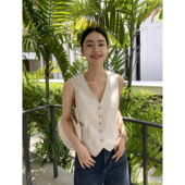 洋气马夹无袖 pusumede 上衣 马甲背心女夏季 亚麻短款 法式 复古西装