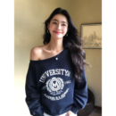 斜肩卫衣外套女宽松字母印花露肩针织上衣 美式 pusumede 纽约街头