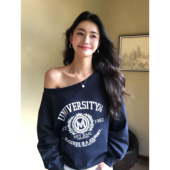 美式 pusumede 纽约街头 斜肩卫衣外套女宽松字母印花露肩针织上衣