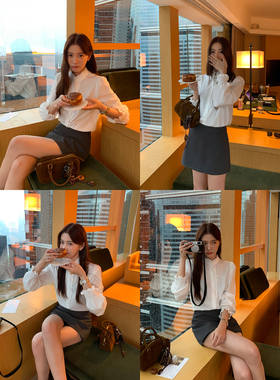 pusumede 时代新贵 法式木耳边立领衬衫女宽松气质设计感长袖衬衣