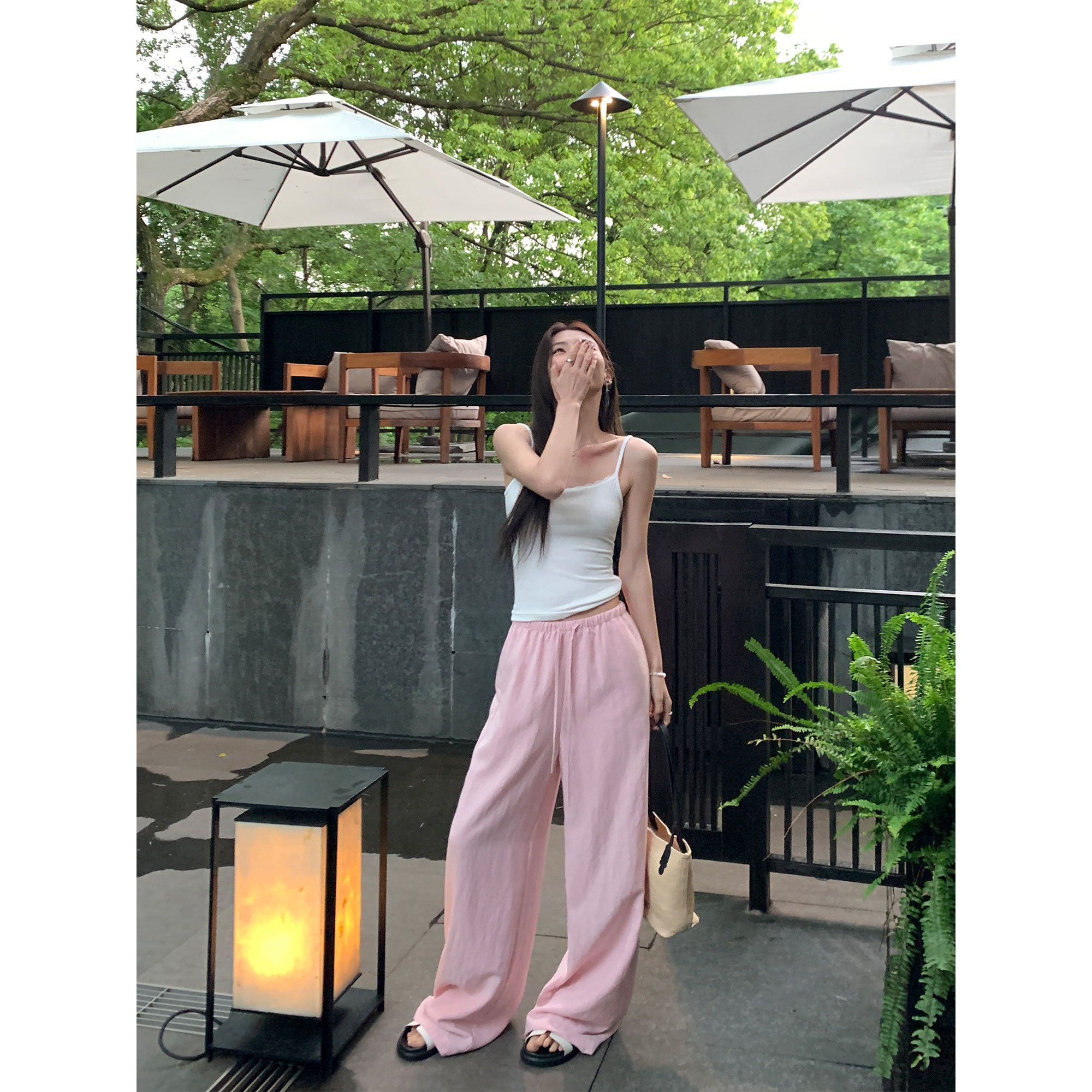 pusumede 【现货7折】松弛感 白色慵懒休闲裤女直筒阔腿裤长裤