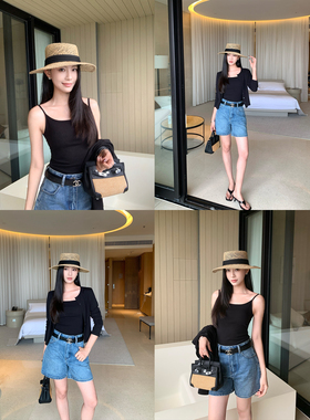 pusumede 叠穿oni 韩系轻薄防晒针织开衫女带胸垫吊带背心两件套