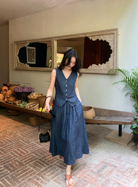 pusumede 老钱风1OO亚麻套装女v领马甲上衣+大摆半身裙两件套