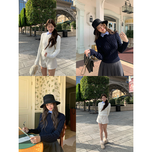 针织衫 pusumede 假两件麻花毛衣女设计感修身 领 上衣 可拆卸衬衫