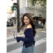 女设计感露肩气质短款 pusumede 针织衫 一字肩喇叭袖 上衣 黑素千金