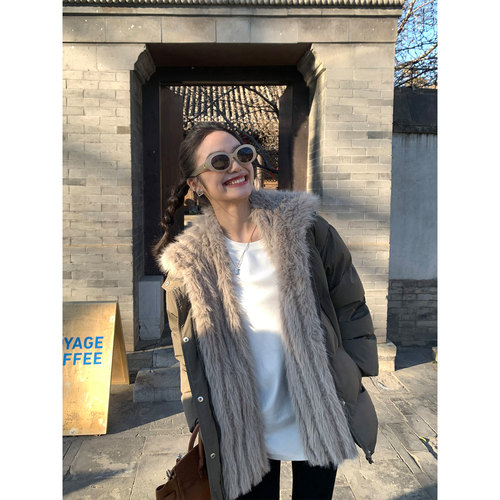 可拆卸毛毛连帽羽绒服女冬季保暖