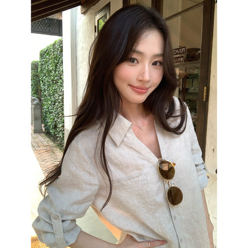 pusumede1OO亚麻V领长袖衬衫