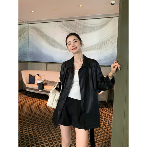 黑色皮衣外套女中长高级感