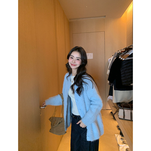 开衫 仿貂毛圆领长袖 女宽松高级感保暖毛毛外套 绵绵暖意 pusumede