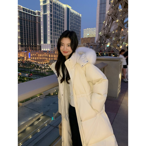 立领带帽毛条长款羽绒服