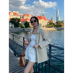 外套女宽松显瘦设计感西服 翻领皮衣西装 pusumede 现货6.5折