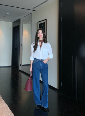 pusumede 【C位款牛仔】深蓝色高腰复古牛仔裤女宽松直筒休闲长裤