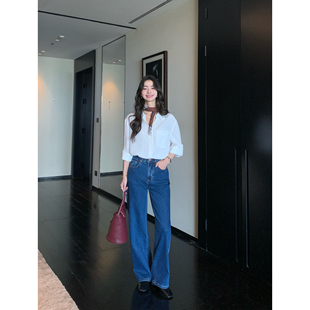 女宽松直筒休闲长裤 深蓝色高腰复古牛仔裤 C位牛仔 pusumede