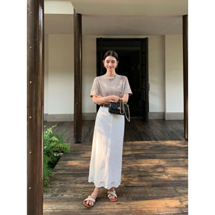 pusumede高腰直筒裙苎麻半身裙女夏季气质开叉设计感镂空绣花长裙