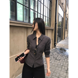 修身 pusumede 女可调节腰长袖 高级感灰色收腰衬衫 衬衣 优雅利裁