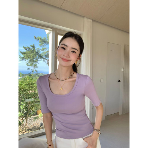 pusumede气质美学 方领中袖短袖T恤女薄款修身针织正肩五分袖上衣