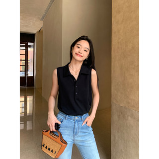 pusumede 复古polo衫无袖t恤女夏季白色休闲简约气质背心针织上衣