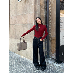 pusumede【现货6.5折】复古高腰牛仔裤女直筒阔腿裤拖地休闲长裤